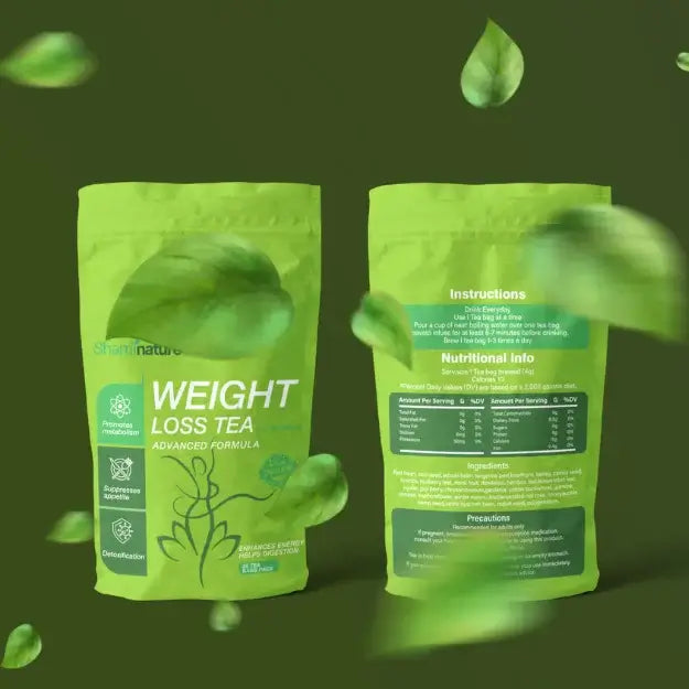 SlimLeaf Naturals Weight Loss Tea packaging with green leaves, featuring nutritional info and instructions.
